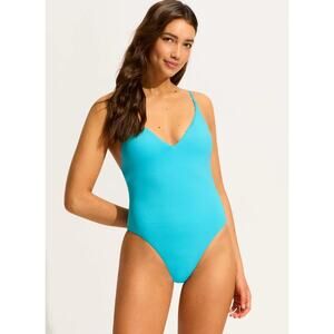 SEAFOLLY Collective V Neck One Piece Swimsuit Size 10 Atoll Blue Open Back NWT